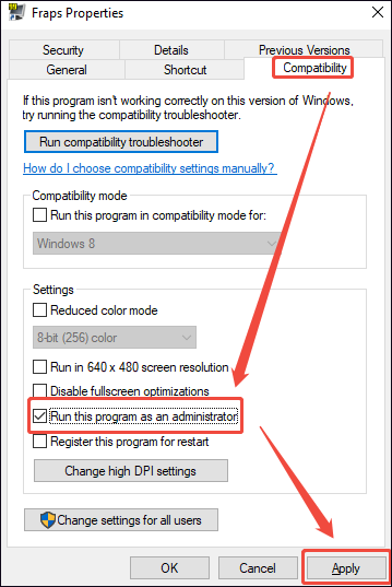 Fraps Properties interface showing how to set the software to run in administrator mode under the Compatibility section.