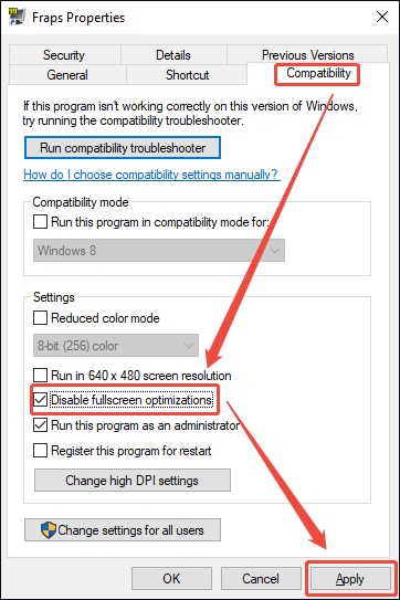 Fraps Properties interface showing how to disable desktop optimization under the Compatibility section.