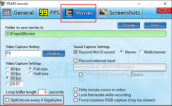 Fraps interface with the Split movie every 4 Gigabytes option disabled under the Movies tab.