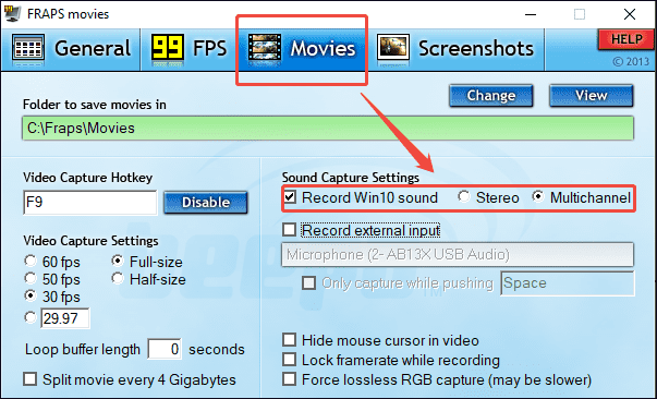 Fraps interface showing how to enable the system audio recording feature under the Movies tab.