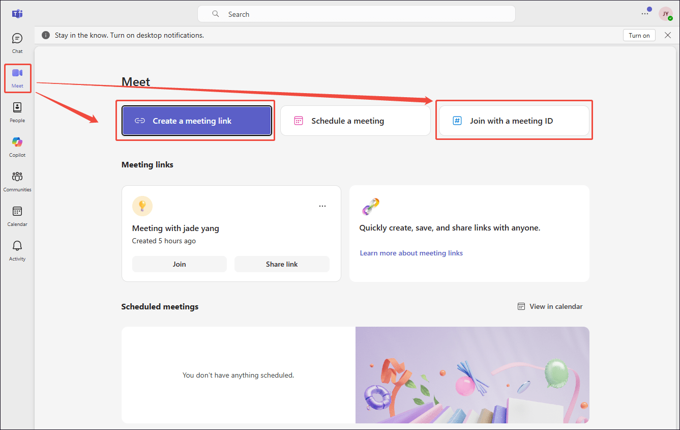 Microsoft Teams interface showing how to create and join a new meeting under the Meet section.