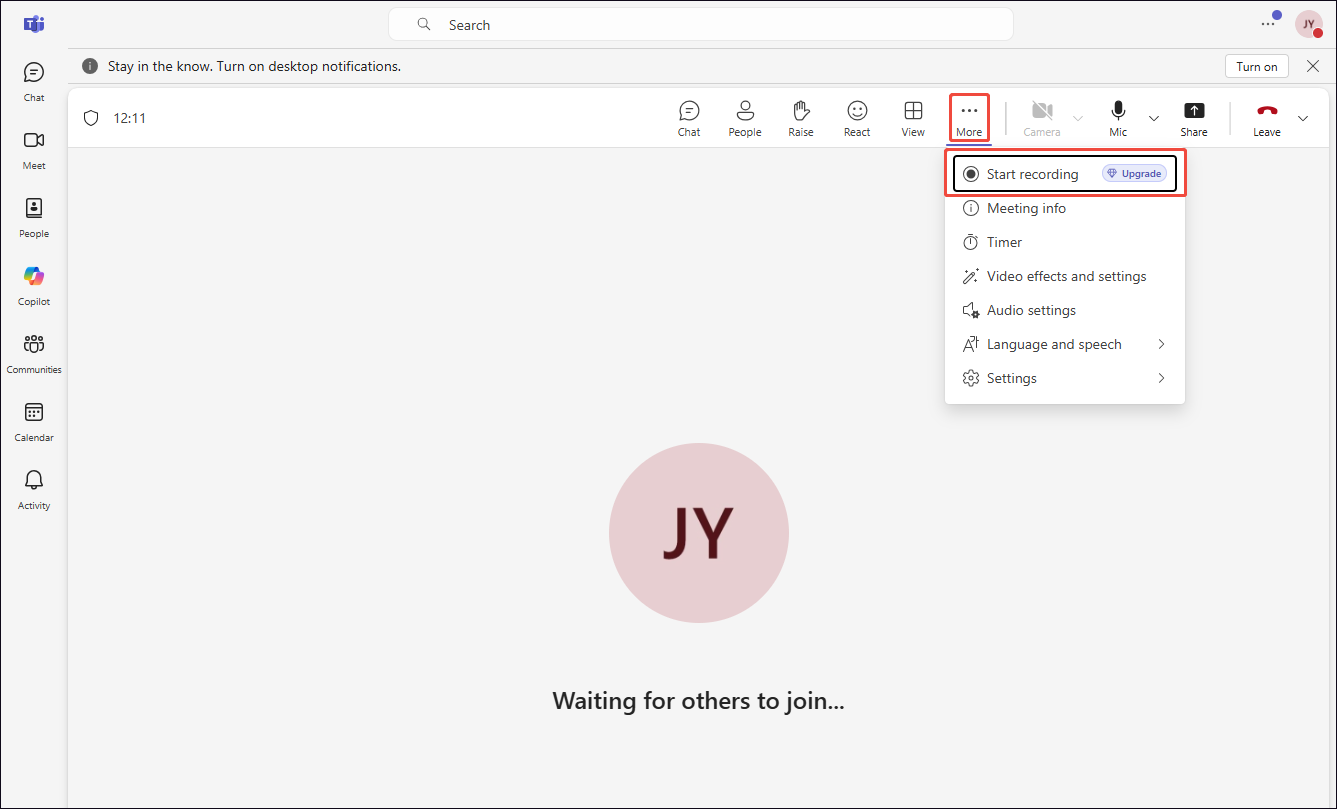 Microsoft meeting interface showing how to start recording the meeting under the More section.
