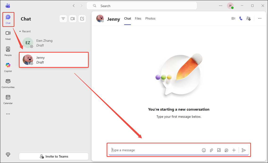 Teams interface showing how to start a chat with people under the Chat section.