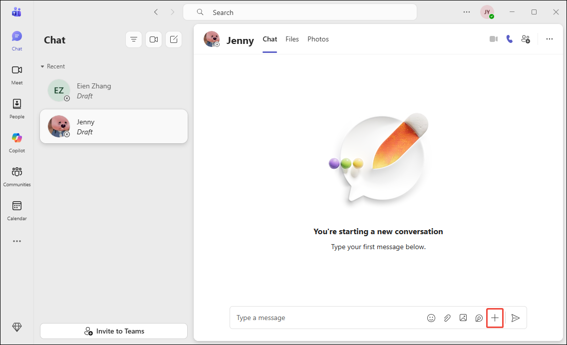 Teams interface showing how to find the video recording option within a chat interface.