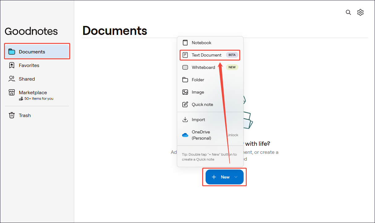 GoodNotes interface showing how to create a new text document under the Documents section.