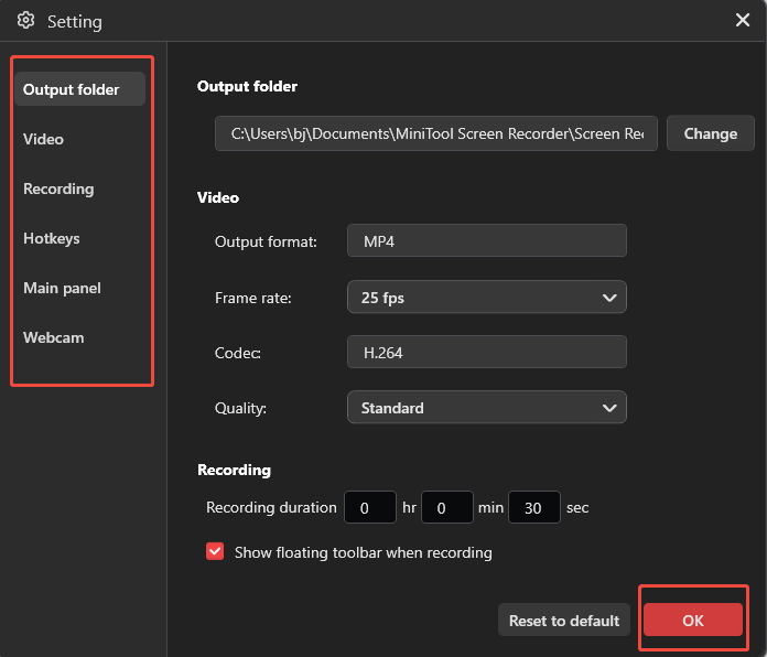 MiniTool Screen Recorder settings interface with the left-hand menu bar and OK button selected.