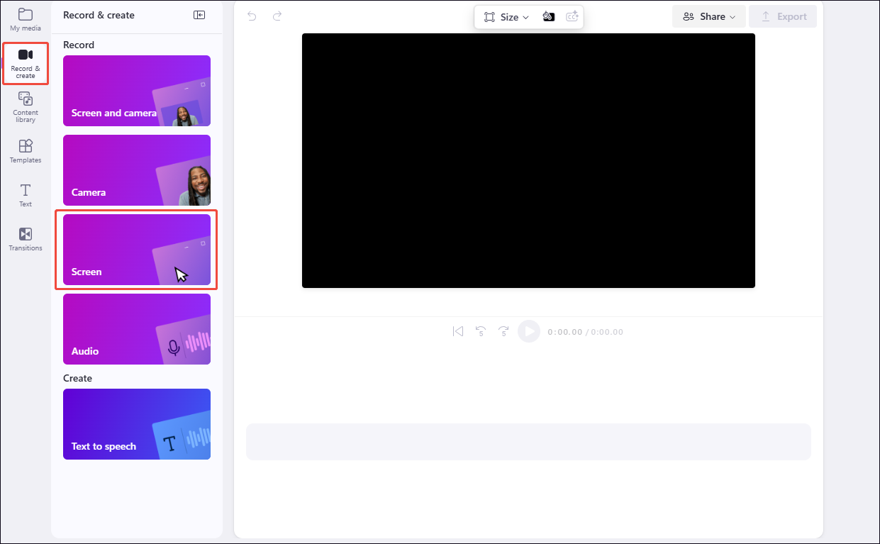 Clipchamp recording interface with the Screen option selected under the Record and create section.