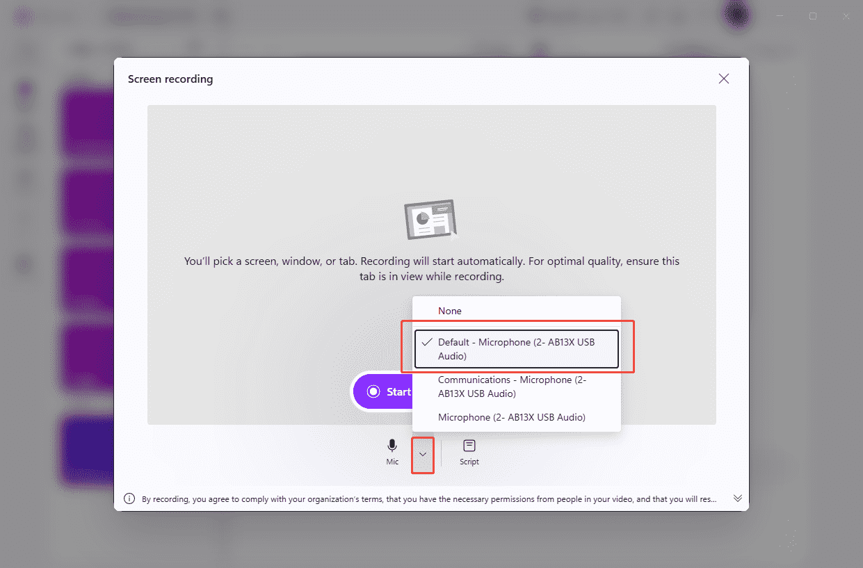 Clipchamp screen recording interface with a target microphone selected within the expanded microphone selection list.