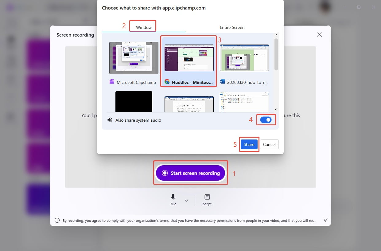 Clipchamp recording interface showing how to start recording.