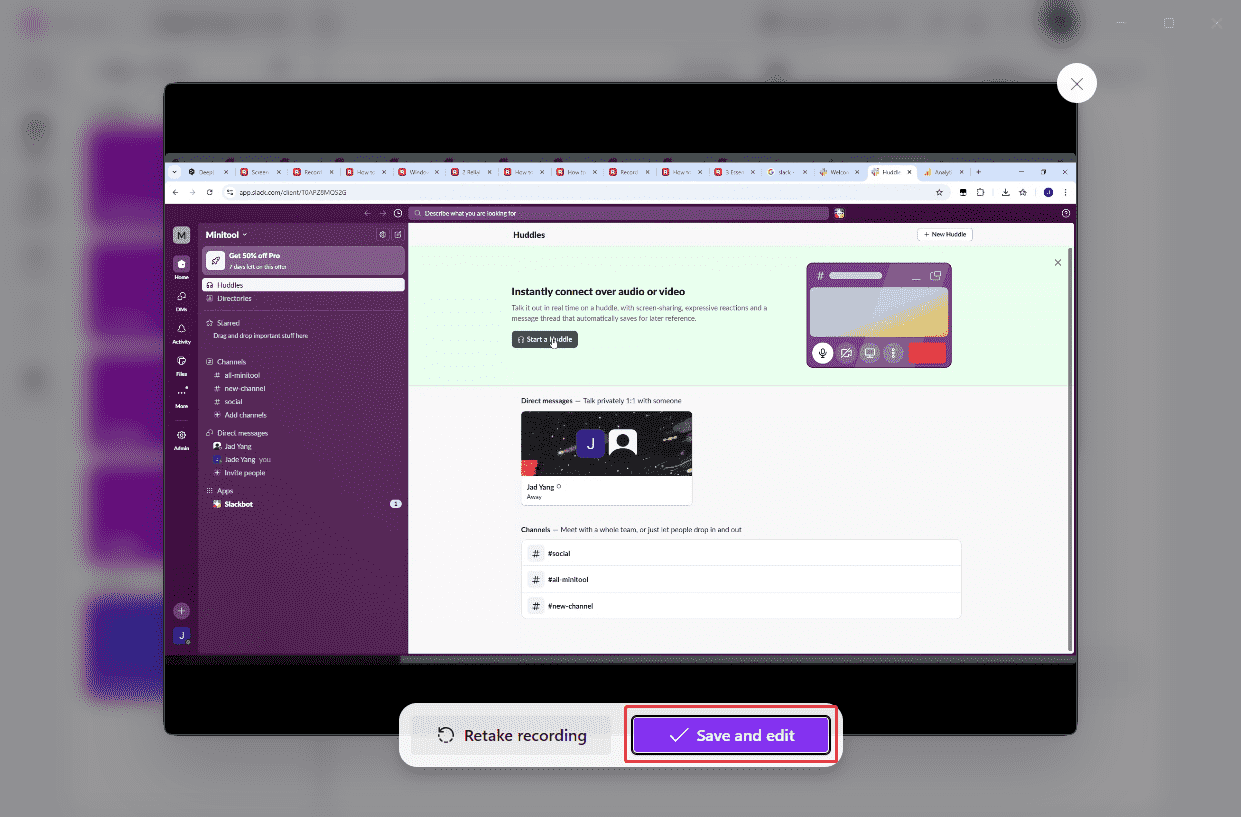 Clipchamp interface with the Save and edit option selected.