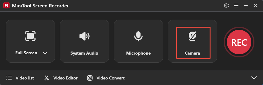 MiniTool Screen Recorder interface with the Camera icon selected.