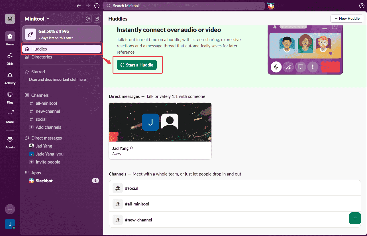 Slack interface with the Start a Huddle option selected under the Huddles section.