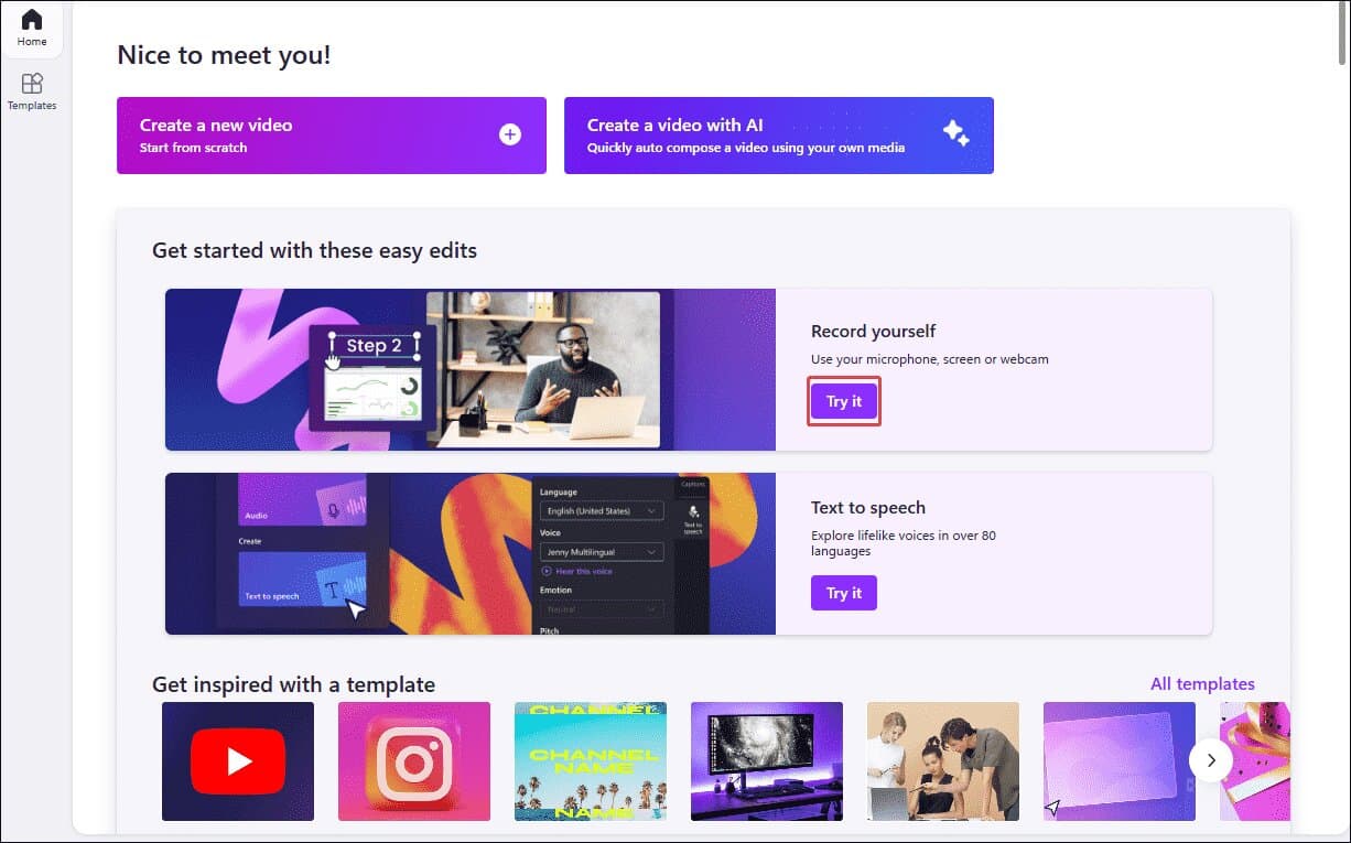 Clipchamp interface with the Try it option selected within the Record yourself option.