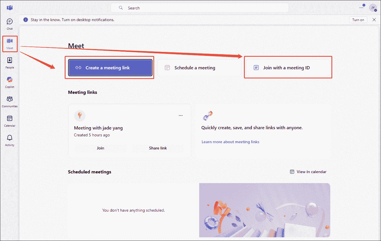 Teams Meet interface showing how to create or join a new meeting.