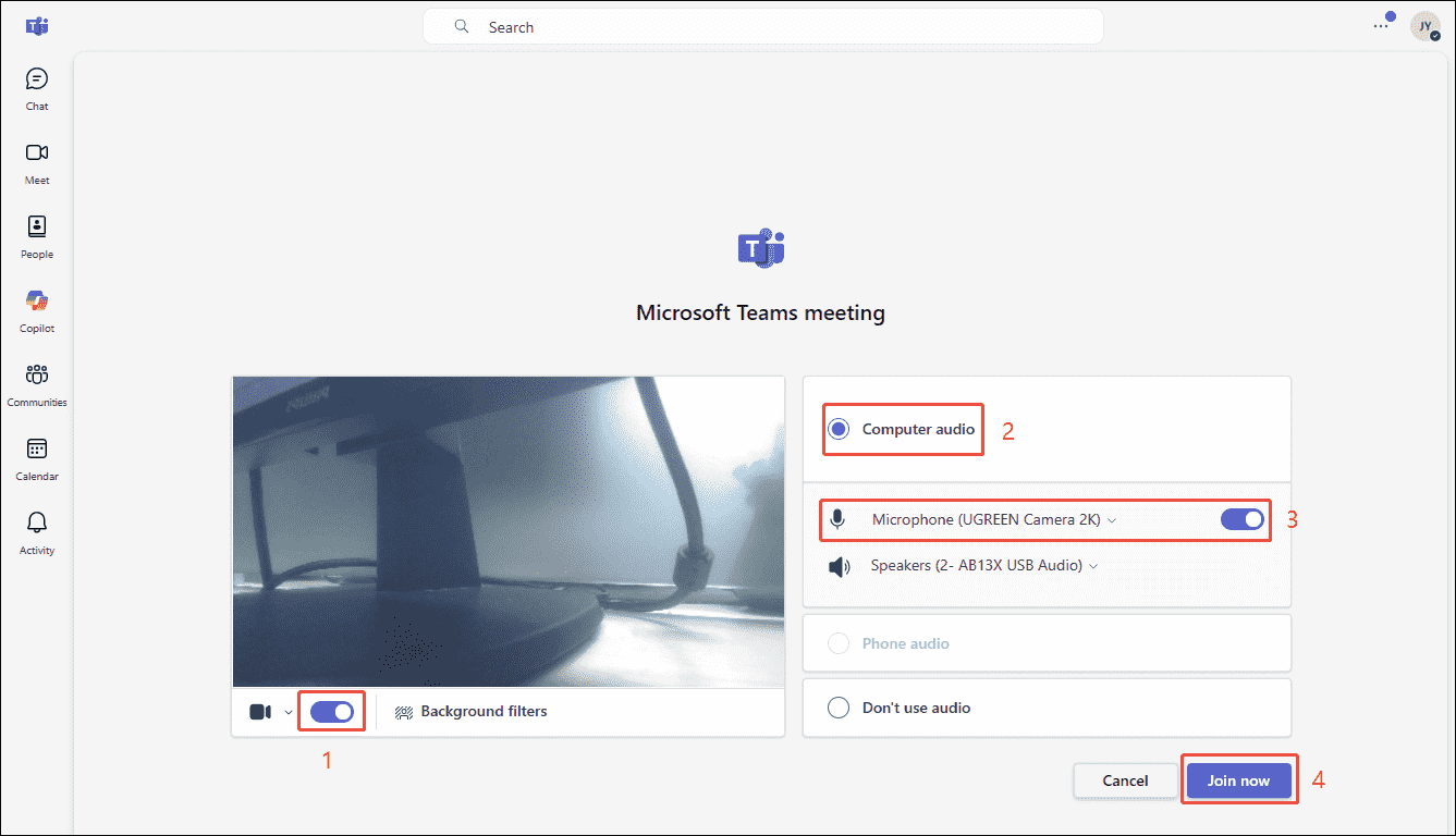 Teams meeting interface showing how to enable the camera and computer audio and microphone audio.