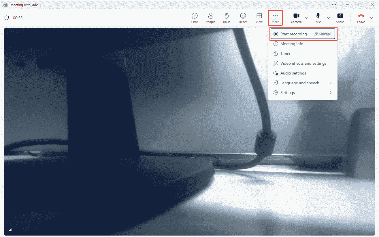 Teams meeting interface with the Start recording option selected under the More section.