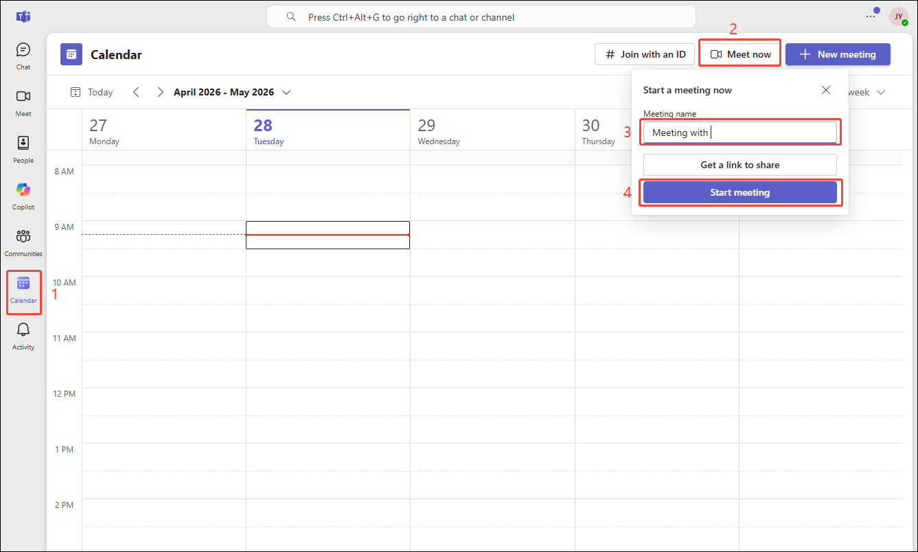 Teams interface showing how to create a solo meeting under the Calendar section.