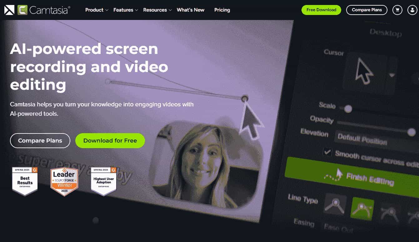 The website interface of Camtasia.