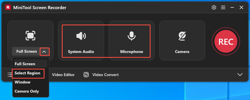 MiniTool Screen Recorder interface with the recording area option expanded and the audio icons selected.