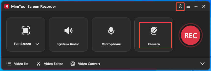 MiniTool Screen Recorder interface with the Camera icon and the Settings icon selected.