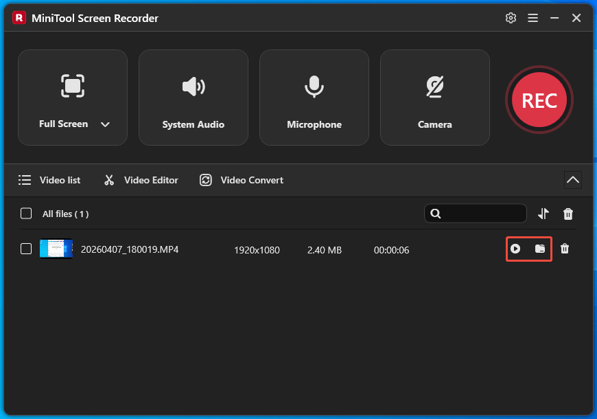 MiniTool Screen Recorder interface with the Play and Folder icons selected to view or locate the output file.