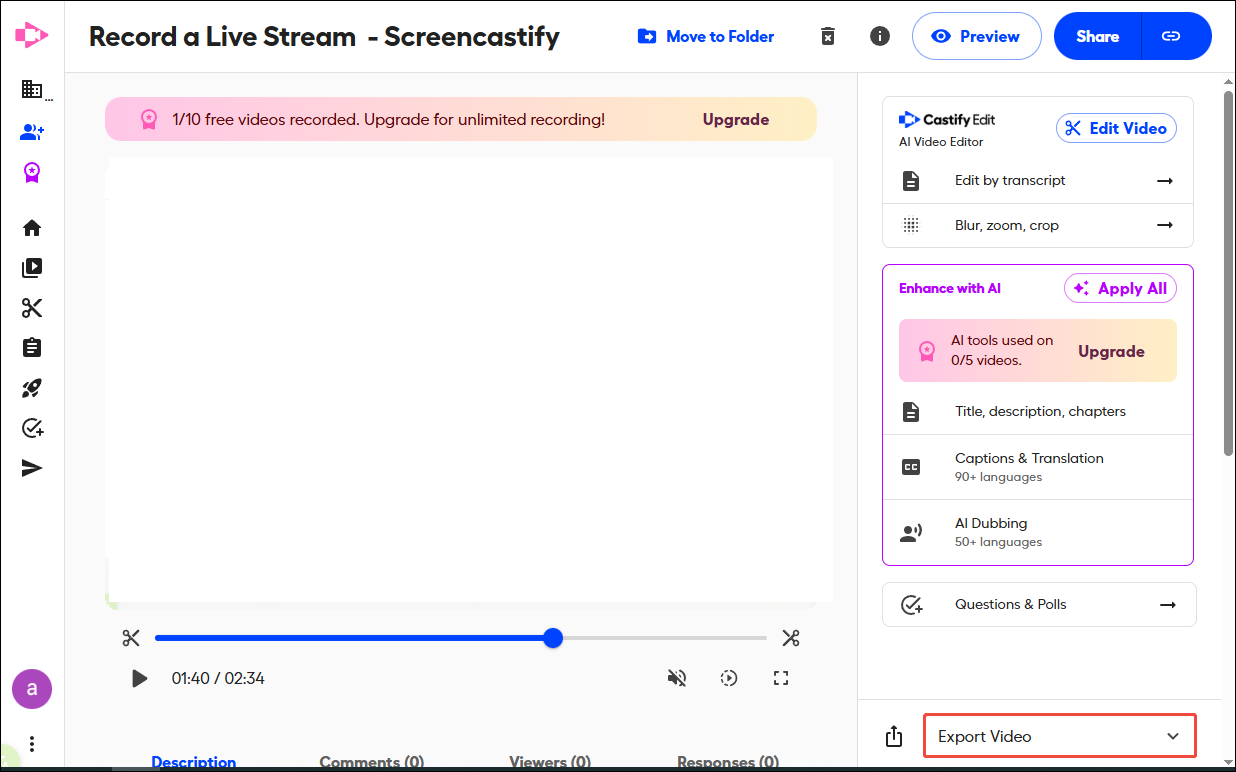 「Export Video」オプションが選択されている状態を示した、Screencastifyのタブ画面