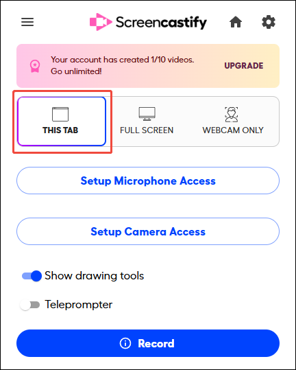 「THIS TAB」オプションが強調表示されているScreencastifyのパネル画面