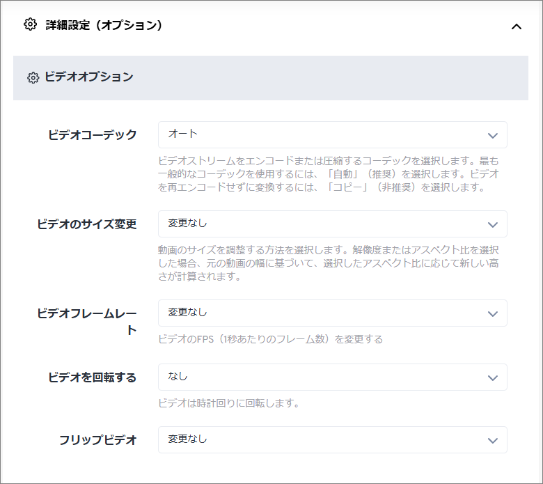 FreeConvertのインターフェースで、詳細設定のカスタマイズ方法を示している画面