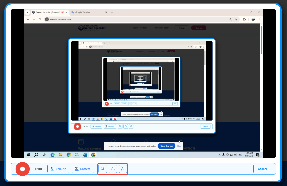 Free Online Screen Recorderで虫眼鏡などのアイコンをクリックしている様子