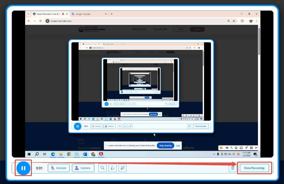 Free Online Screen RecorderでDone Recordingをクリックしている様子