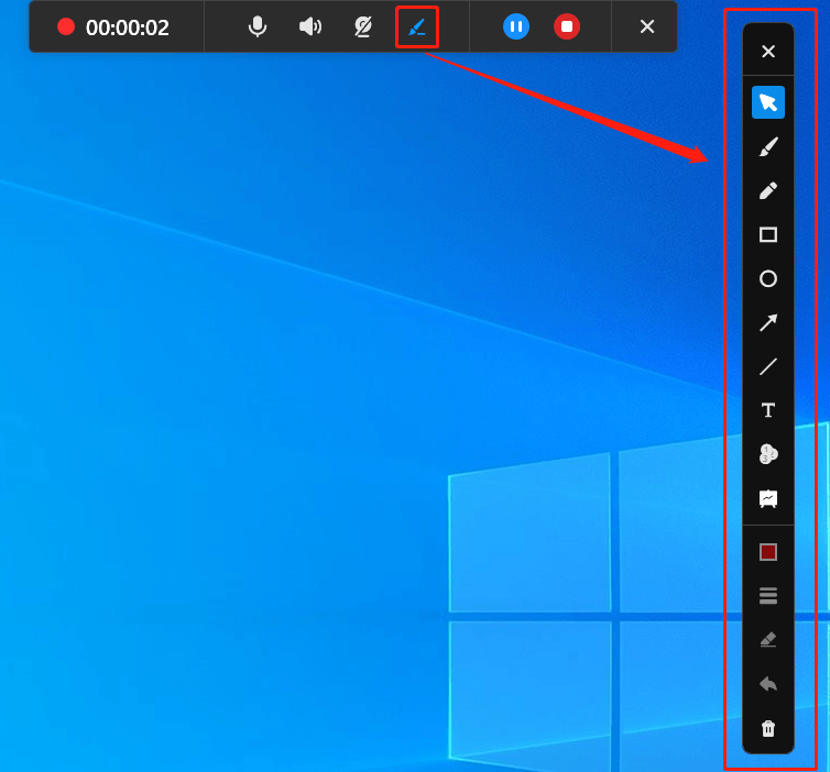 MiniTool Screen Recorderでブラシオプションをクリックしている様子