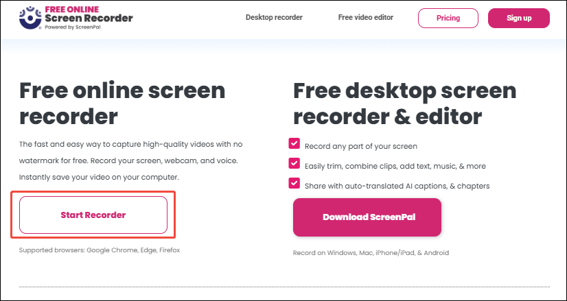 Free Online Screen RecorderのメインページでStart Recorderをクリックしている様子