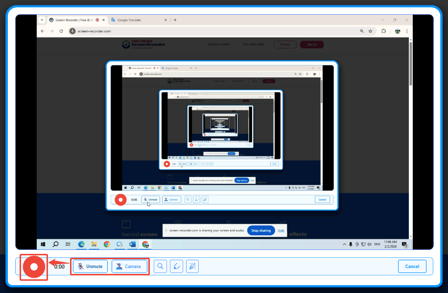 Free Online Screen Recorderの録画ウィンドウで録画アイコンをクリックしている様子