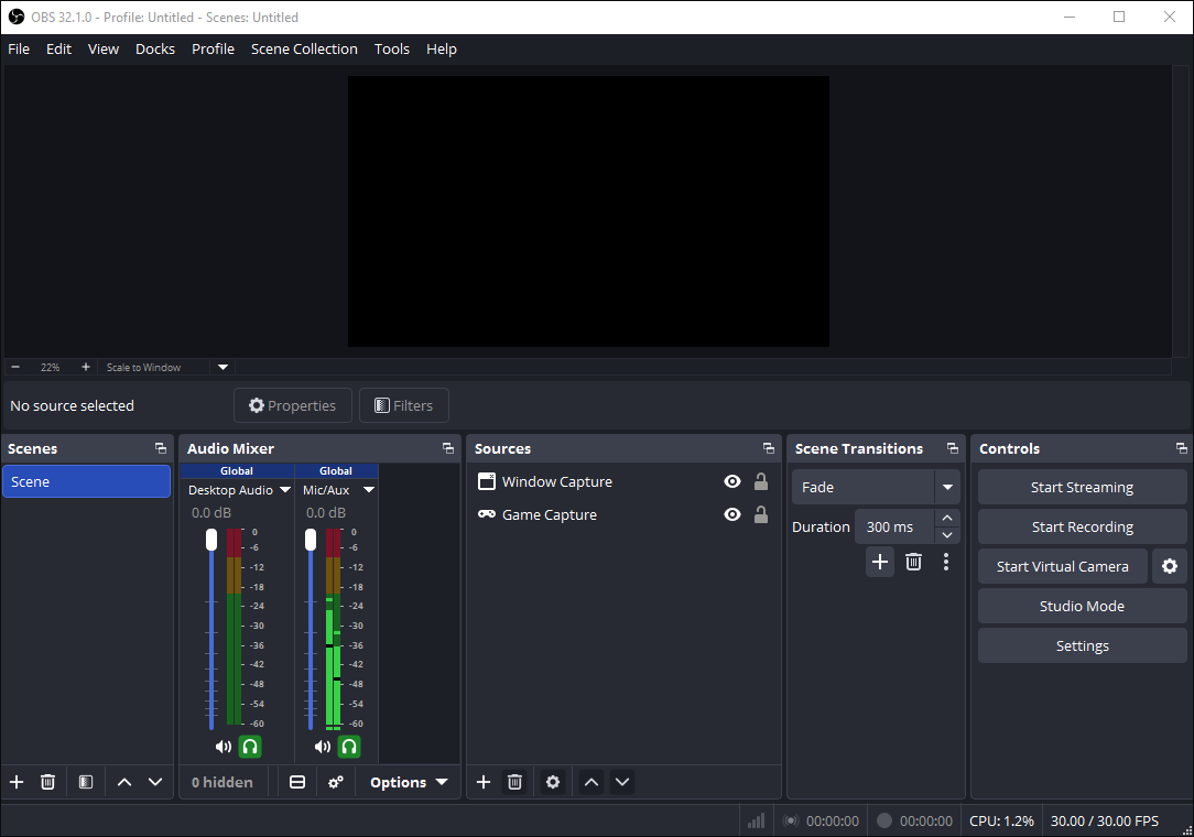 The main interface of OBS Studio.