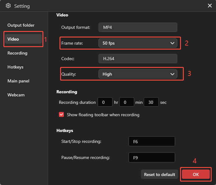 MiniTool Screen Recorder Setting interface showing how to customize the recording settings.