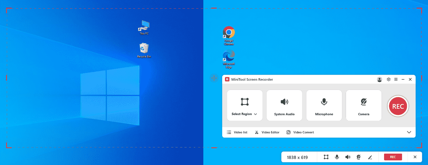 The region ranging across 2 displays was selected by the Select Region option of MiniTool Screen Recorder.