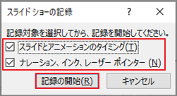 PowerPoint「スライドショーの録画」ウィンドウ画面、録音開始状態