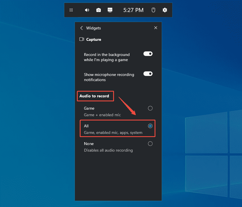 The Xbox Game Bar Widgets interface with the All option selected under the Audio to record section.