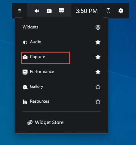 The Widget Menu of the Xbox Game Bar with the Capture option selected.