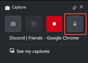 The Capture panel of the Xbox Game Bar with the Microphone icon selected.
