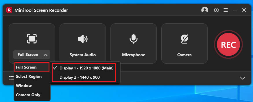 MiniTool Screen Recorder interface with the Full Screen option expanded and the Display 1 selected.