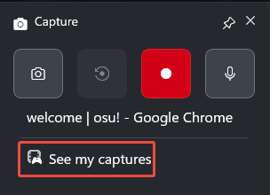 The Capture panel of the Xbox Game Bar with the See my captures option selected.
