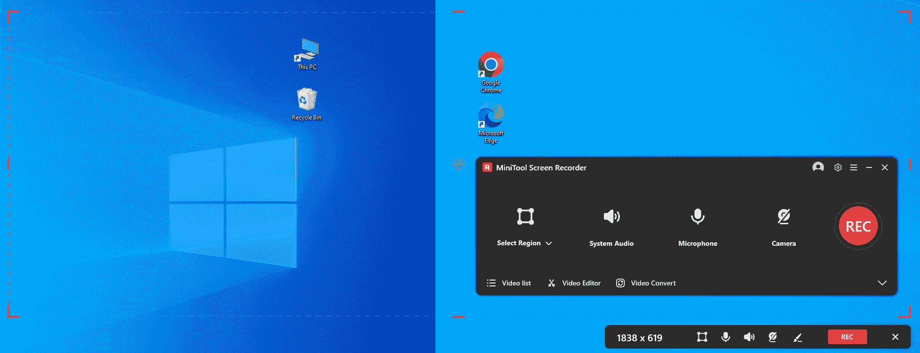 The region ranging across 2 displays was selected by the selection region optionof MiniTool Screen Recorder.