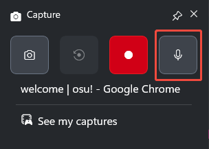 The Capture panel of the Xbox Game Bar with the Microphone icon selected.