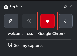 The Capture panel of the Xbox Game Bar with the Start recording icon selected.