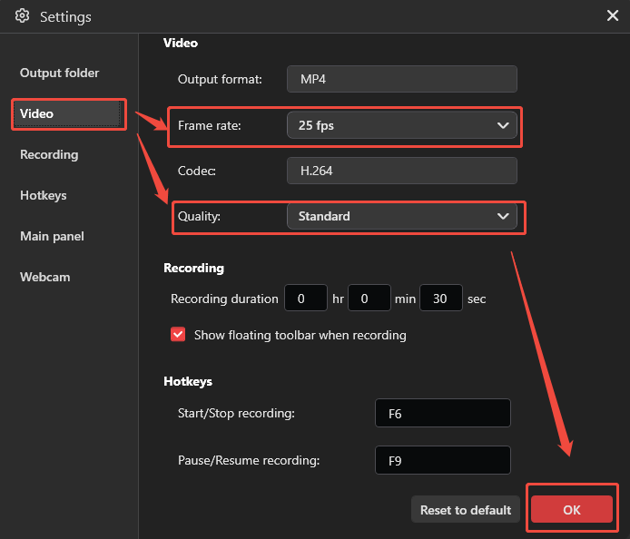 MiniTool Screen Recorder Settings interface showing how to configure the video recording settings.