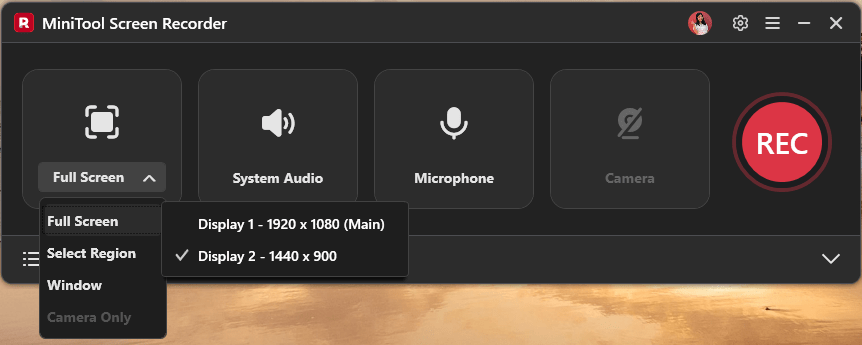 MiniTool Screen Recorder with the Full Screen option expanded and the Display 2 selected.