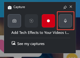 The Capture panel of the Xbox Game Bar with the Microphone icon selected.