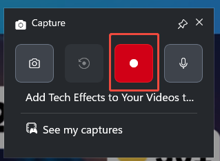 The Capture panel of the Xbox Game Bar with the Start recording icon selected.