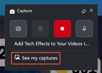 The Capture panel of the Xbox Game Bar with the See my captures option selected.